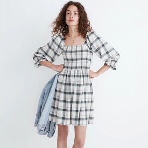Madewell Elbow-Sleeve Smocked Mini Dress in Labaum Plaid